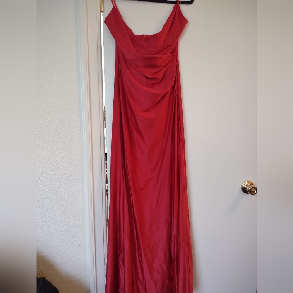 Red Long Satin Dress , High Slit, Slim Fitting